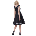 Belle Poque sem mangas de gola pescoço V-Back Sailor Black Retro Vintage 50s Swing Dress BP000381-1